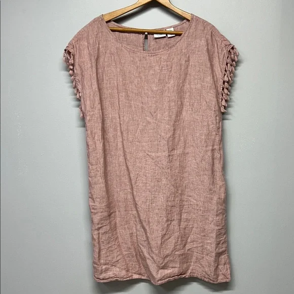 Antibes Blanc 100% Linen Dusty Rose Tunic Dress L Tassel Sleeve Coastal Minimal - Picture 2 of 5